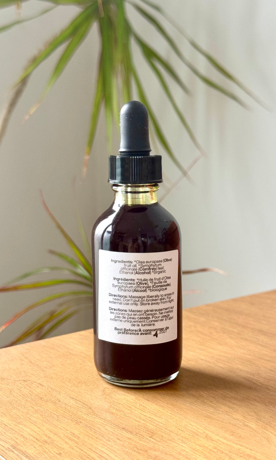 Comfrey oil beside the dried leaf it was infused from