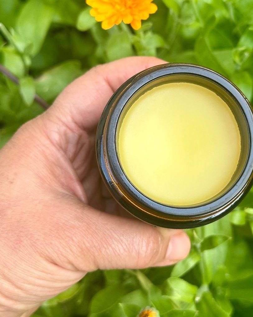 Jar of night repair calendula body butter held up beside a fresh calendula flower
