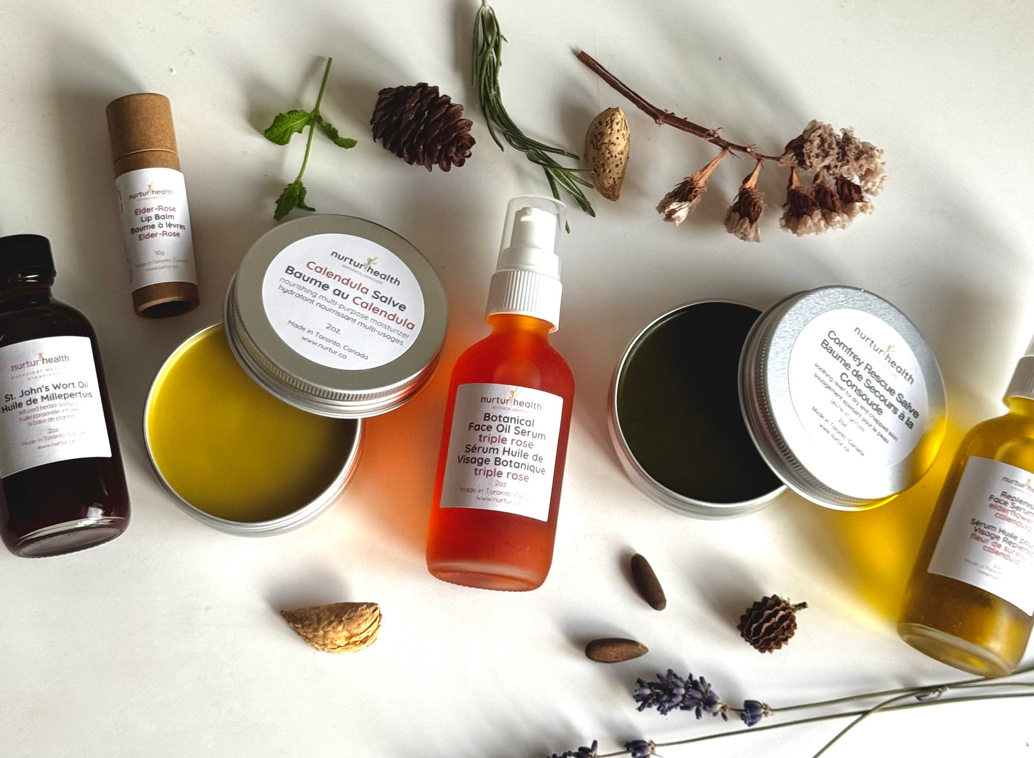 Herbal oils, salves and dried botanicals arranged on a pale work surface