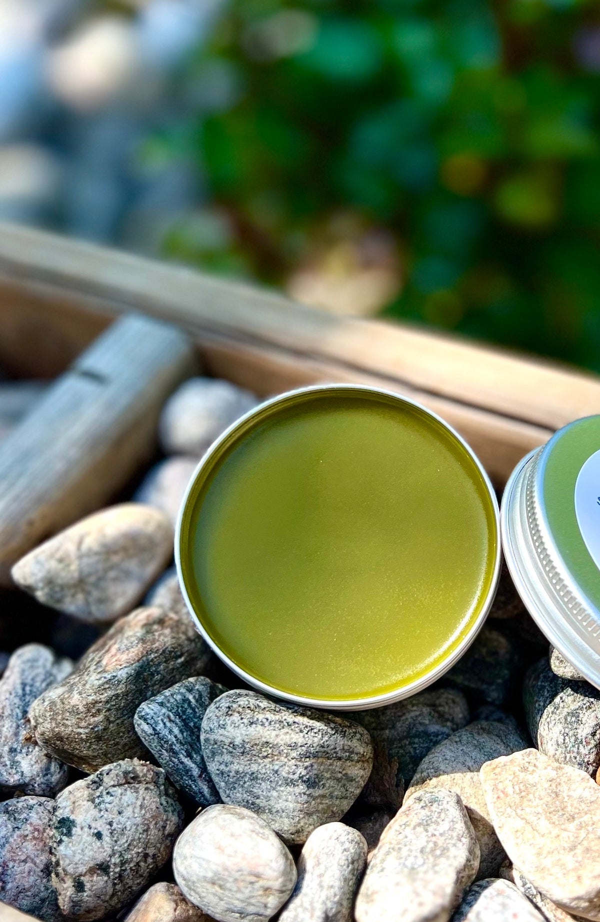 Open tin of green comfrey rescue salve